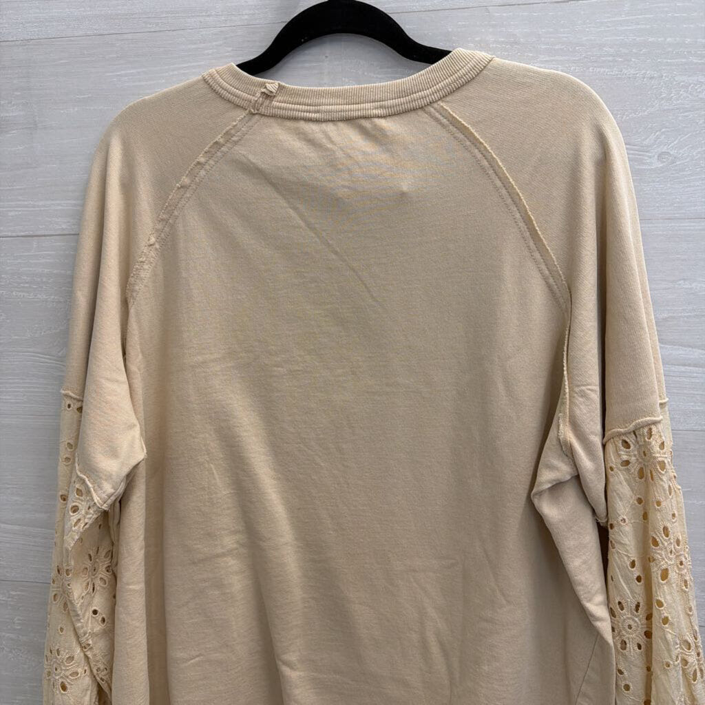 Easel Beige Long Sleeve Eyelet Crochet Detail Top Small