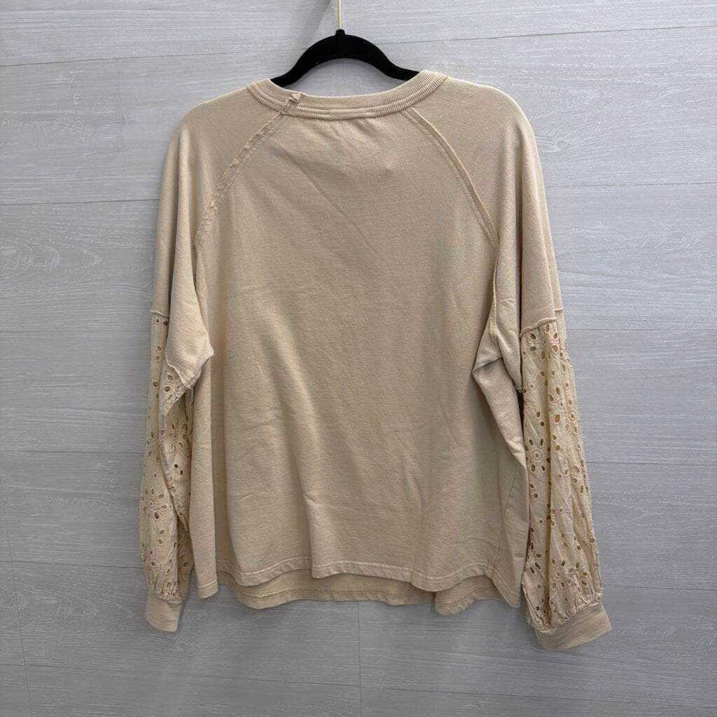 Easel Beige Long Sleeve Eyelet Crochet Detail Top Small