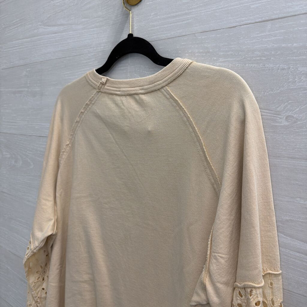 Easel Beige Long Sleeve Eyelet Crochet Detail Top Small