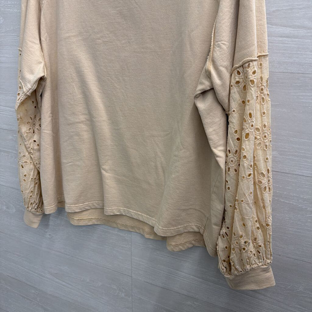 Easel Beige Long Sleeve Eyelet Crochet Detail Top Small