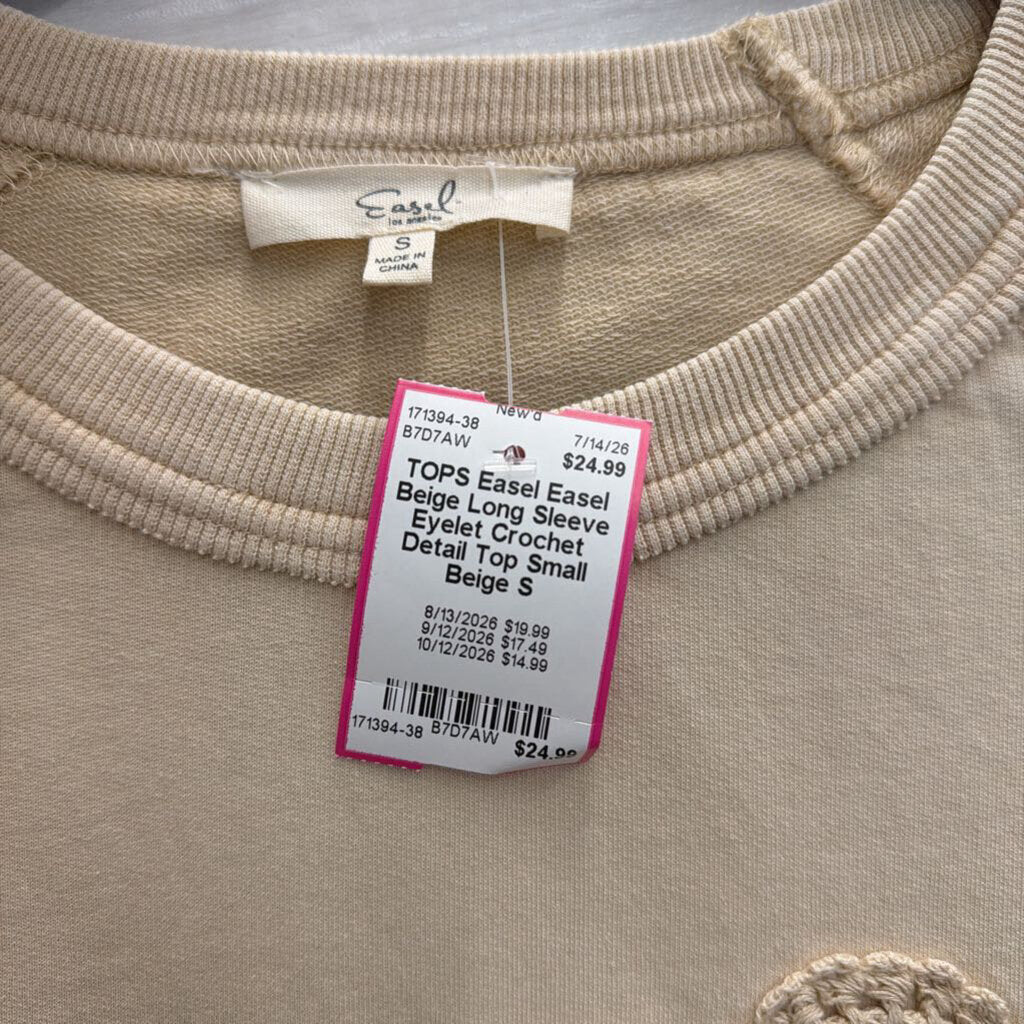 Easel Beige Long Sleeve Eyelet Crochet Detail Top Small