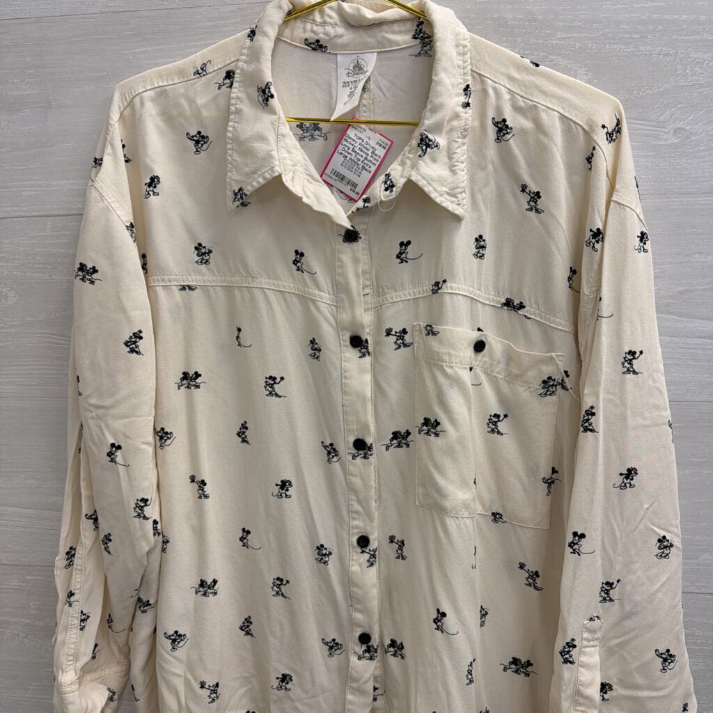 Disney White/ Black Mickey/ Minnie Print Long Sleeve Button Down Top Extra Large