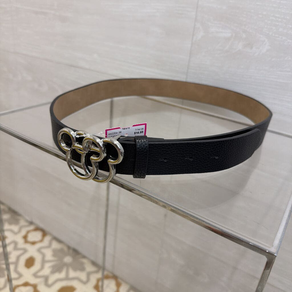 Disney Black Leather Silver Mickey Buckle Belt Medium