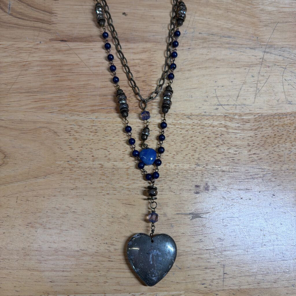 Gold/ Blue Beaded Layered Heart Pendant Long Necklace