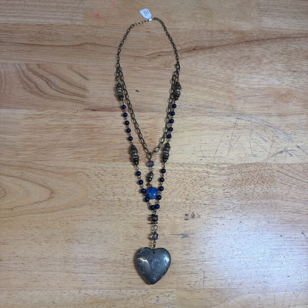 Gold/ Blue Beaded Layered Heart Pendant Long Necklace