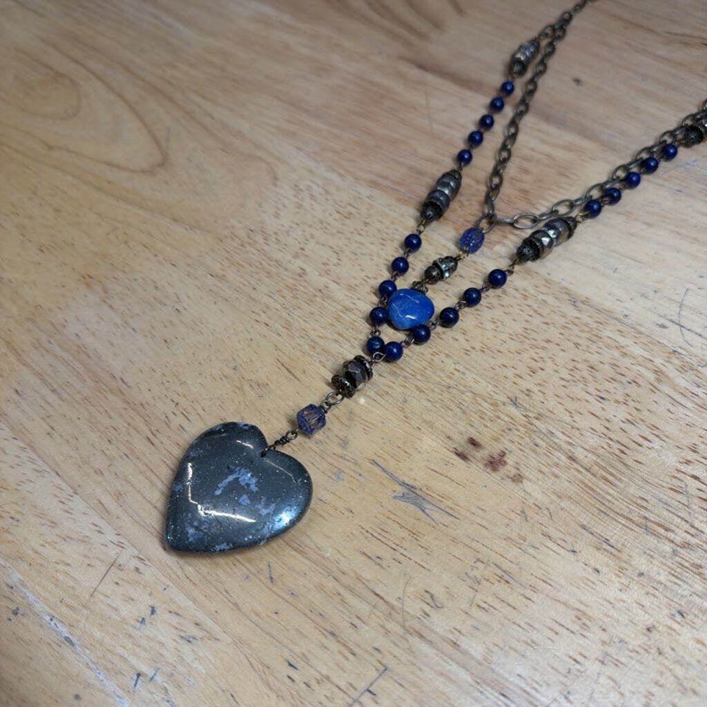 Gold/ Blue Beaded Layered Heart Pendant Long Necklace