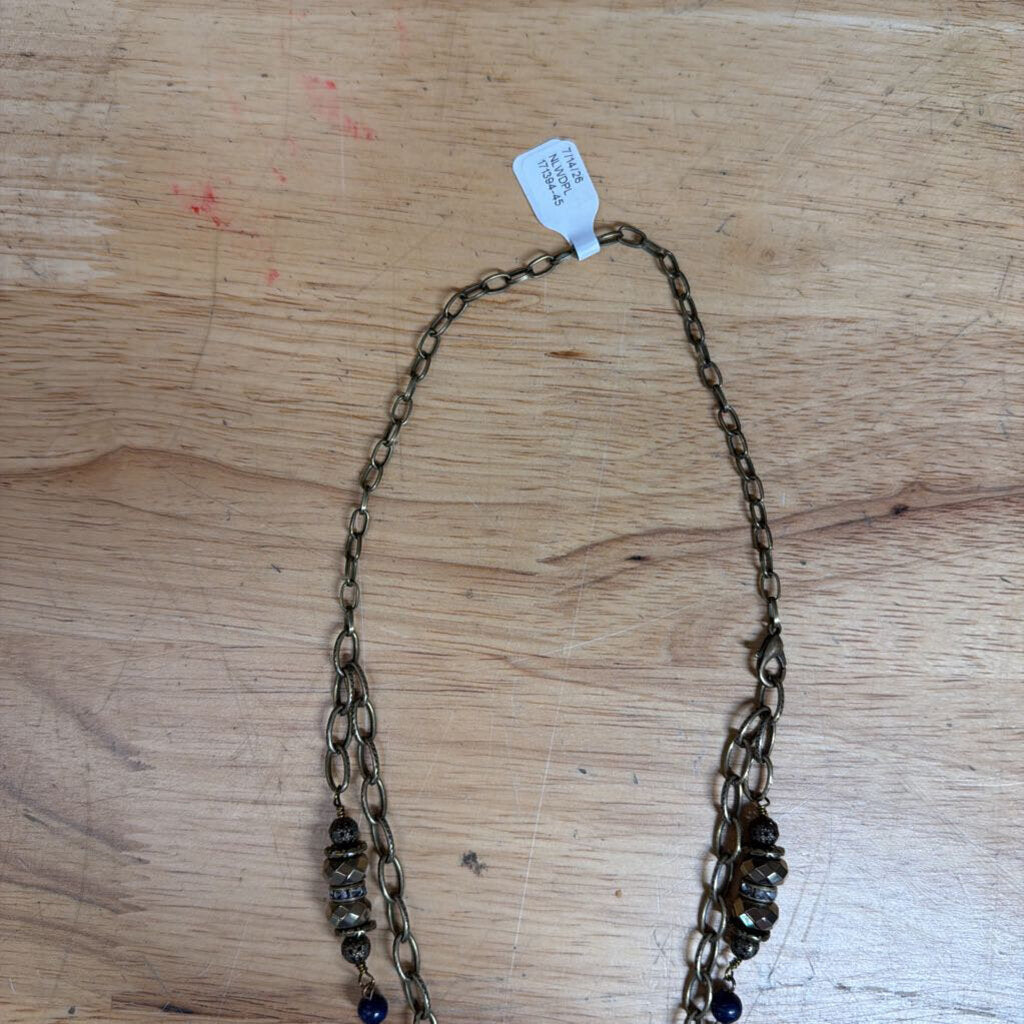 Gold/ Blue Beaded Layered Heart Pendant Long Necklace
