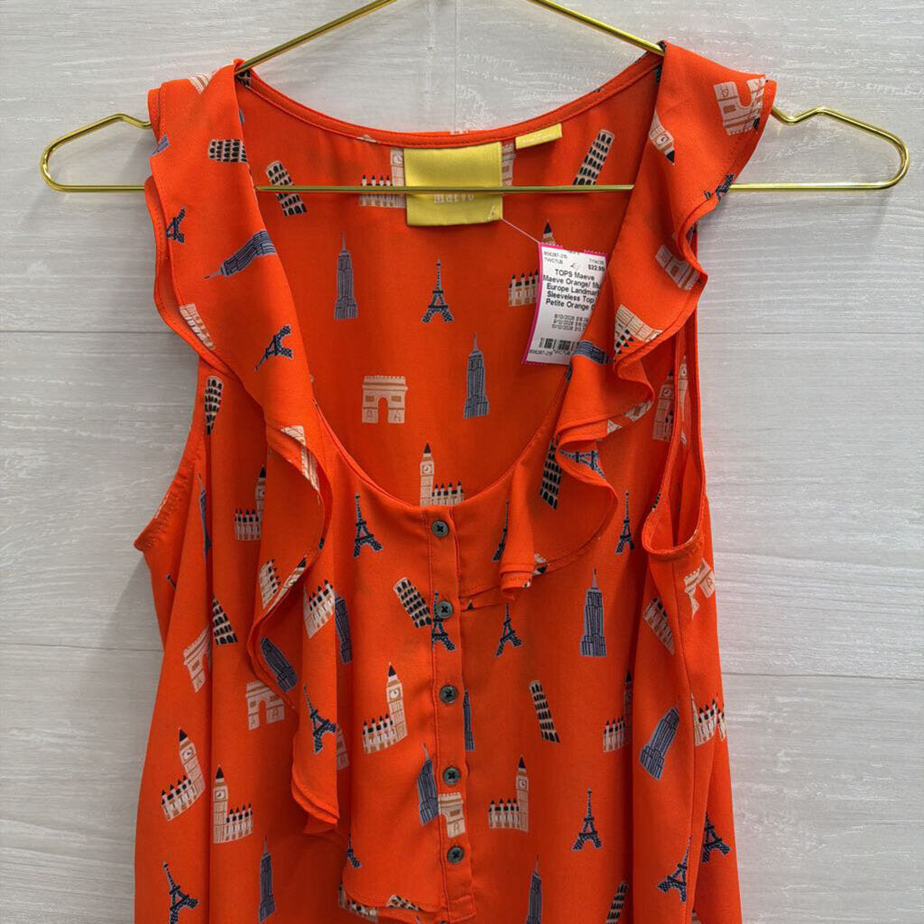Maeve Orange/ Multi Europe Landmark Sleeveless Top 0 Petite