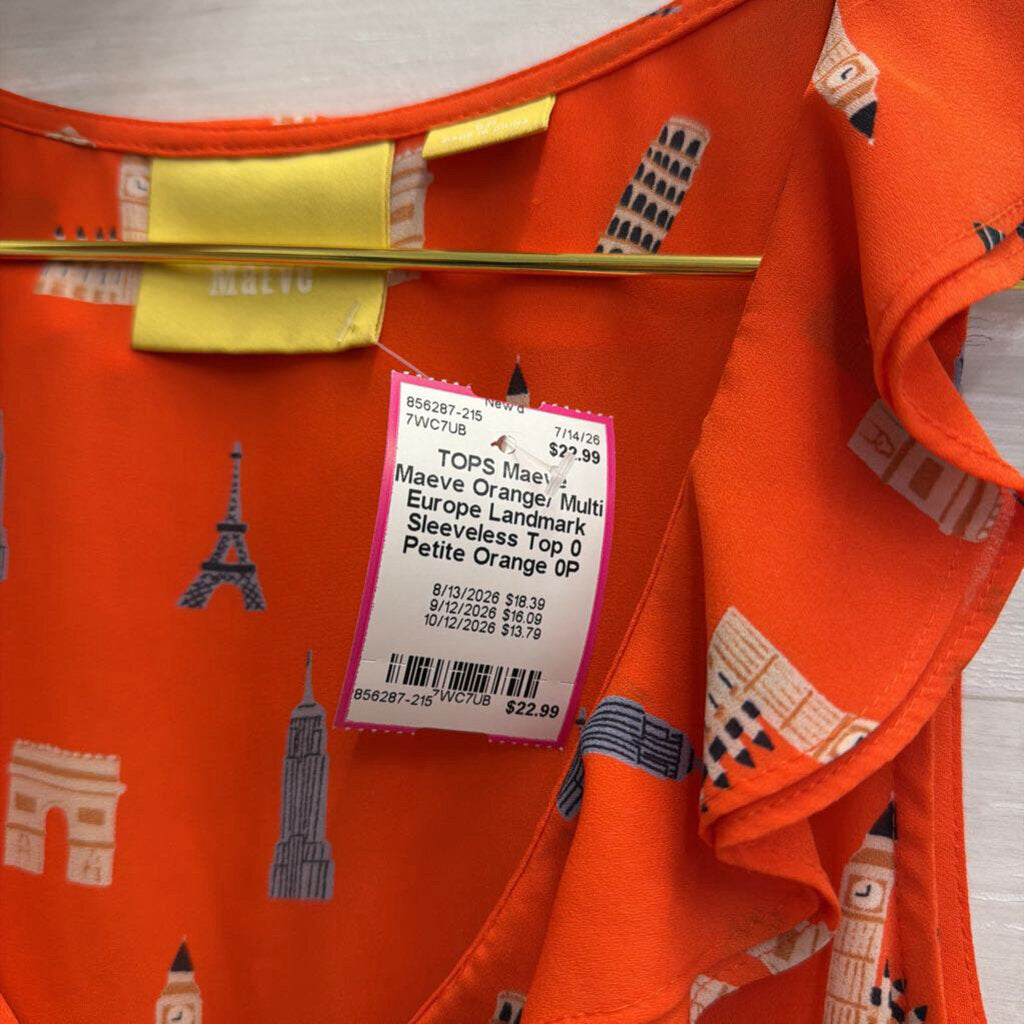 Maeve Orange/ Multi Europe Landmark Sleeveless Top 0 Petite