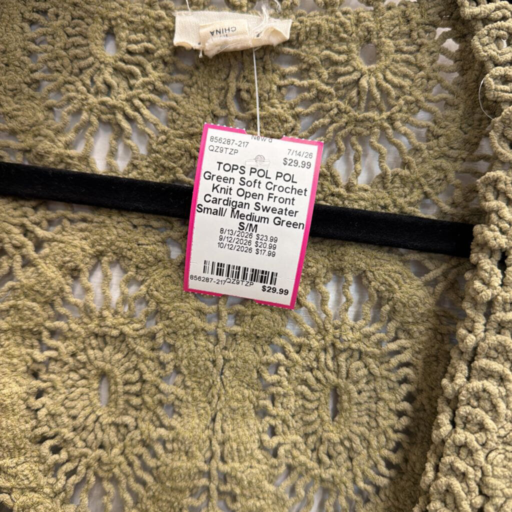 POL Green Soft Crochet Knit Open Front Cardigan Sweater Small/ Medium