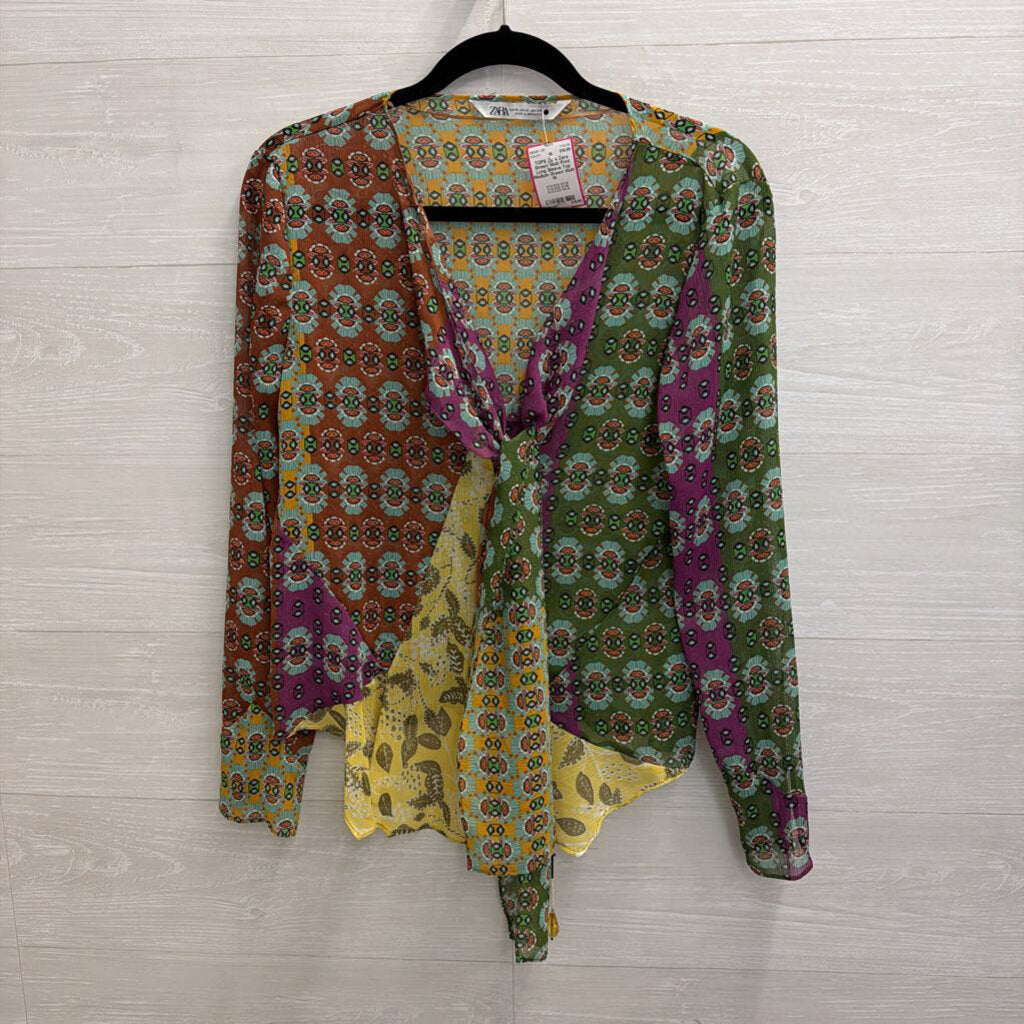 Zara Green/ Multi Print Long Sleeve Top Medium