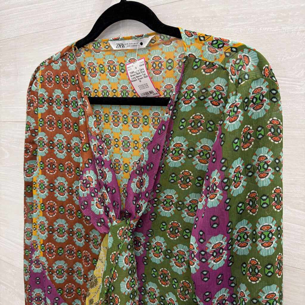 Zara Green/ Multi Print Long Sleeve Top Medium