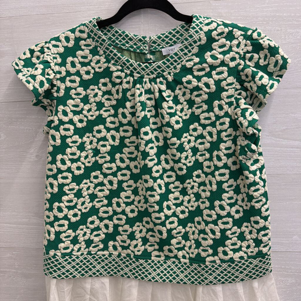 VOY Green/ Cream Textured Print Short Sleeve Top Medium