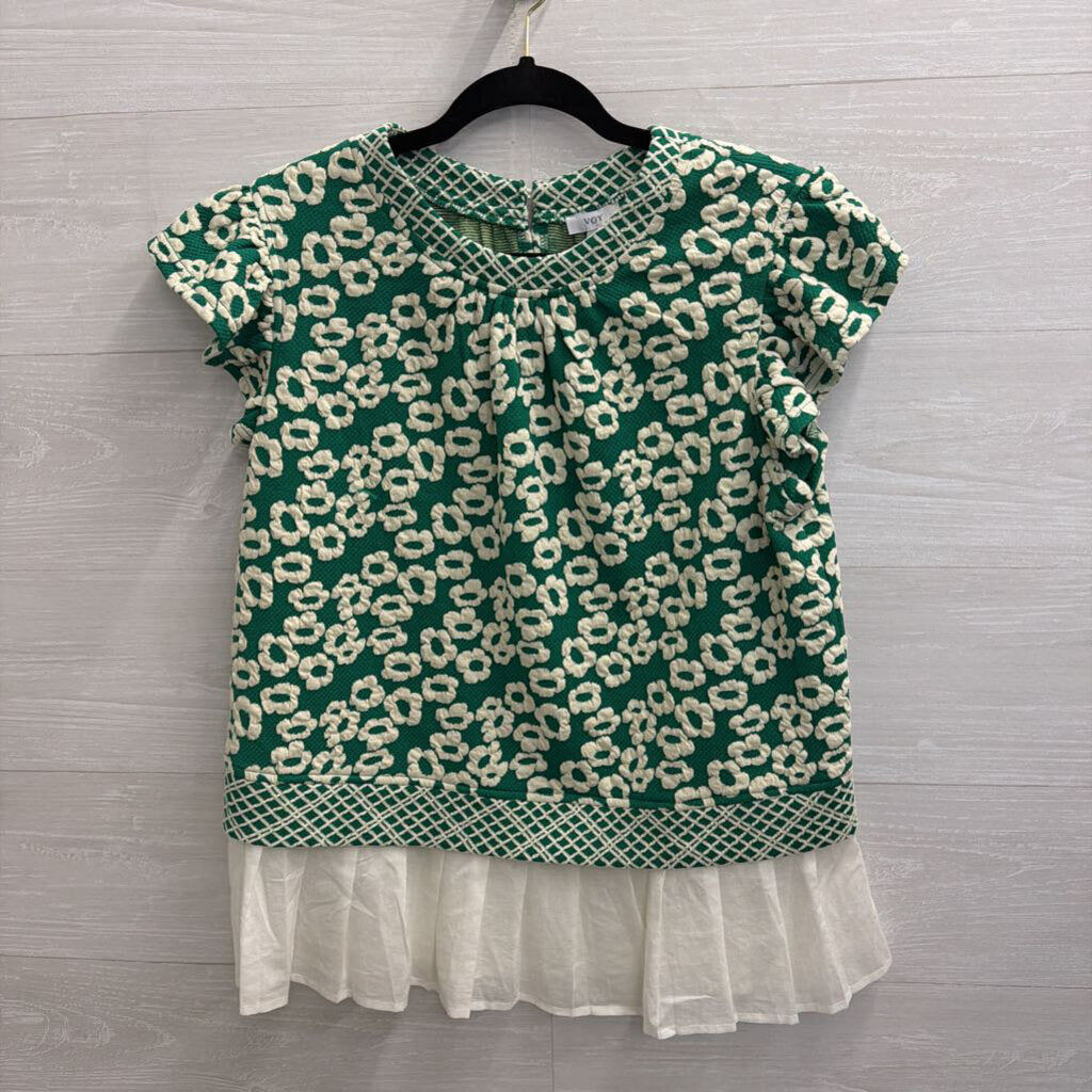 VOY Green/ Cream Textured Print Short Sleeve Top Medium