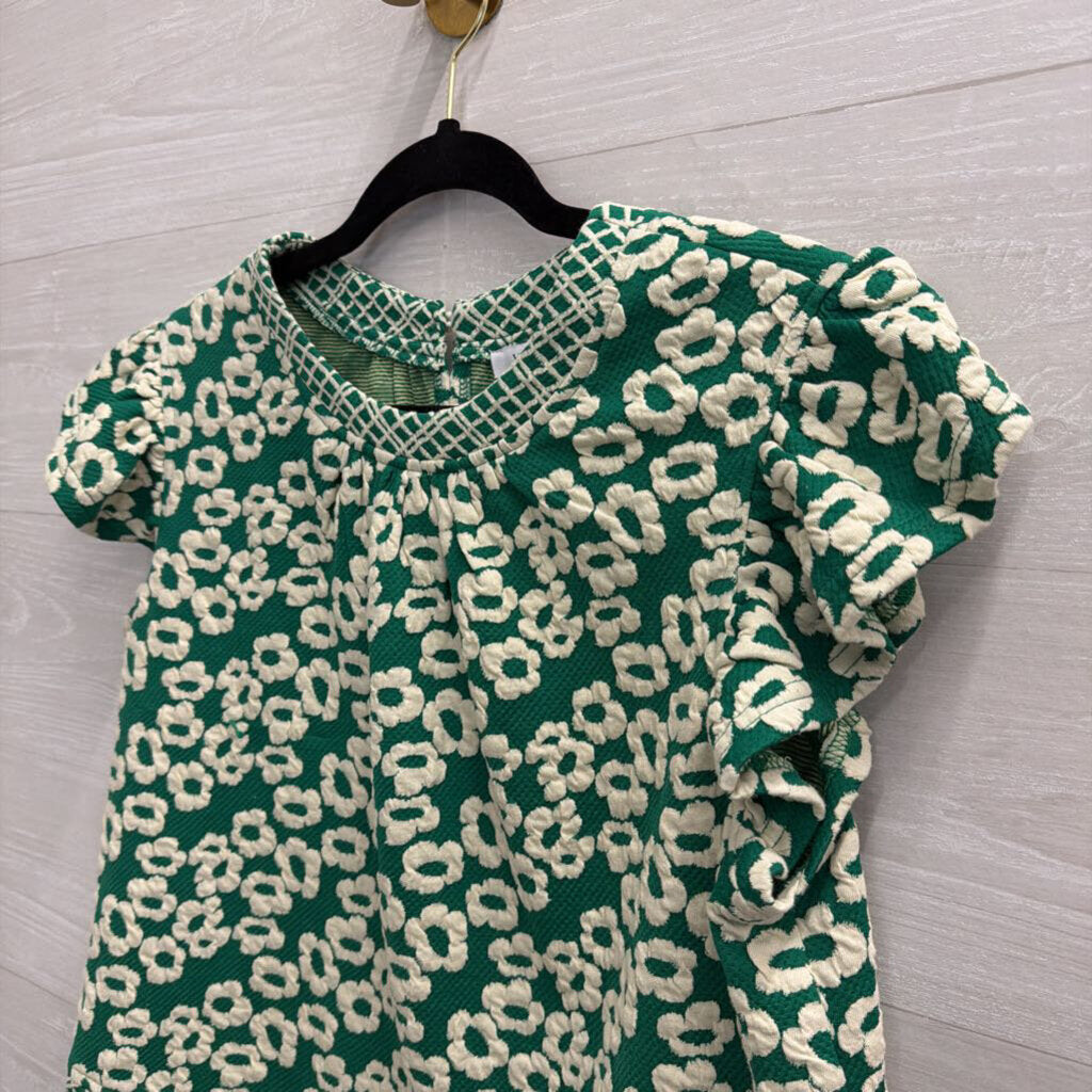 VOY Green/ Cream Textured Print Short Sleeve Top Medium