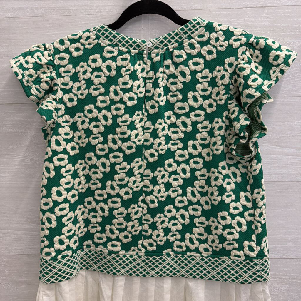 VOY Green/ Cream Textured Print Short Sleeve Top Medium