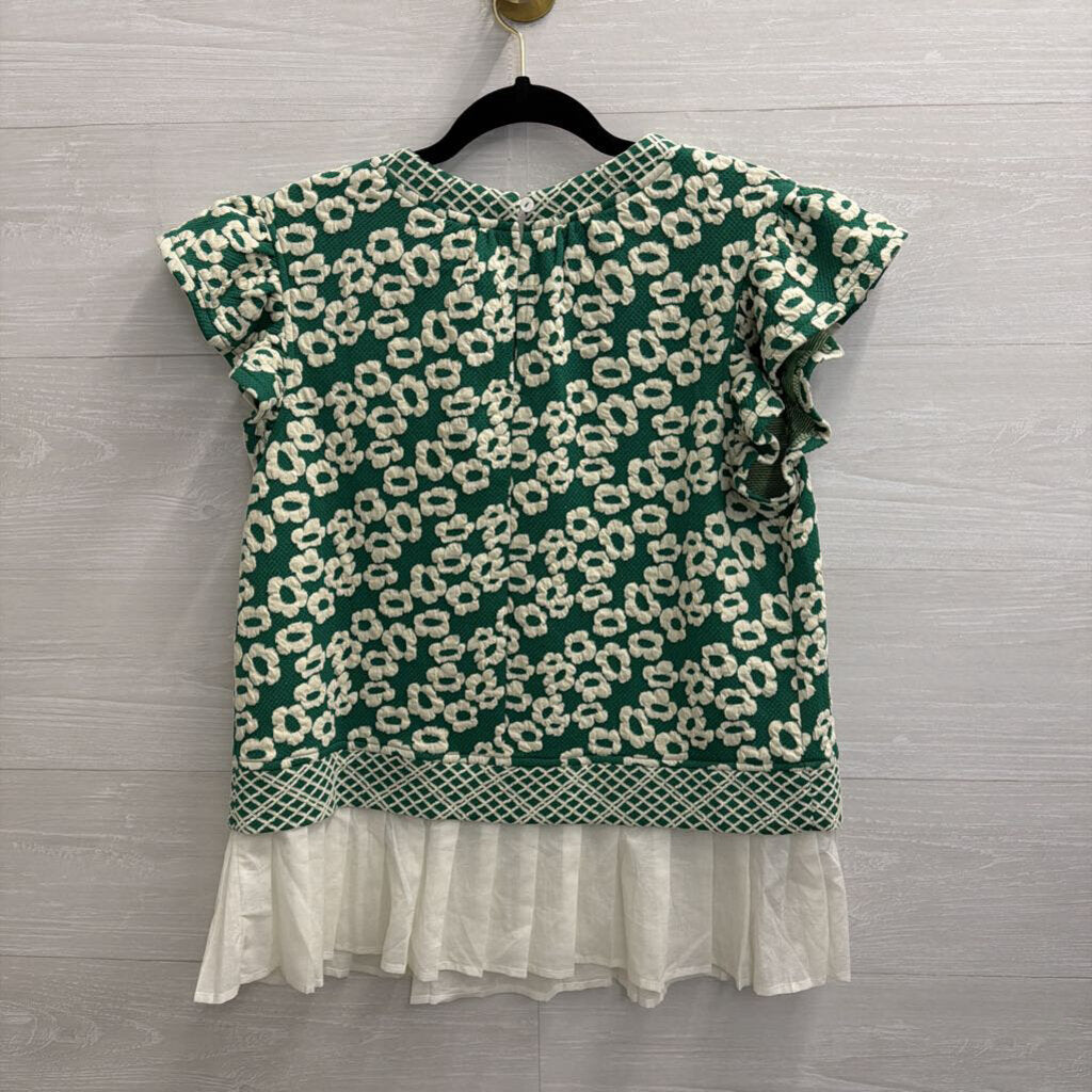 VOY Green/ Cream Textured Print Short Sleeve Top Medium