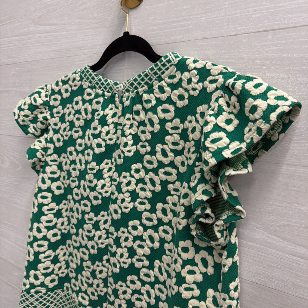 VOY Green/ Cream Textured Print Short Sleeve Top Medium