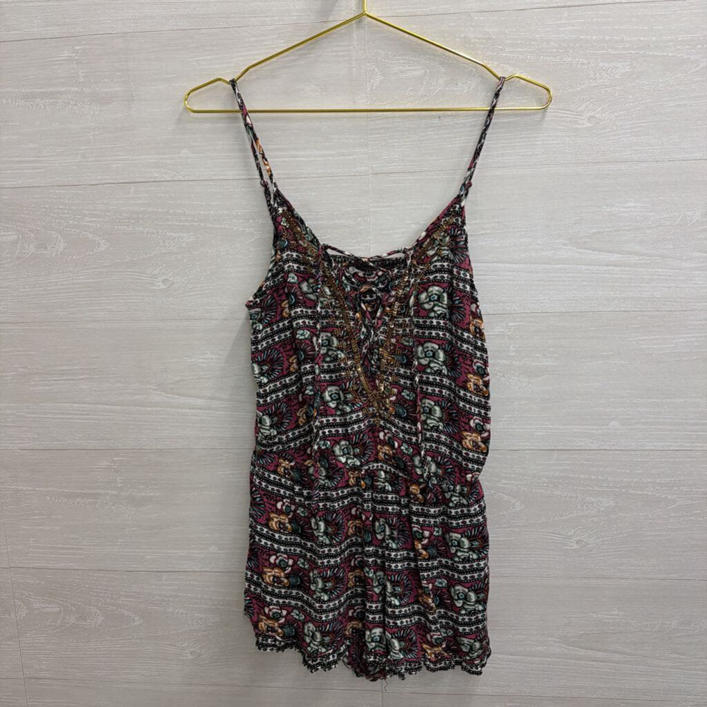 American Eagle Purple/ Multi Print Beaded Detail Romper Small