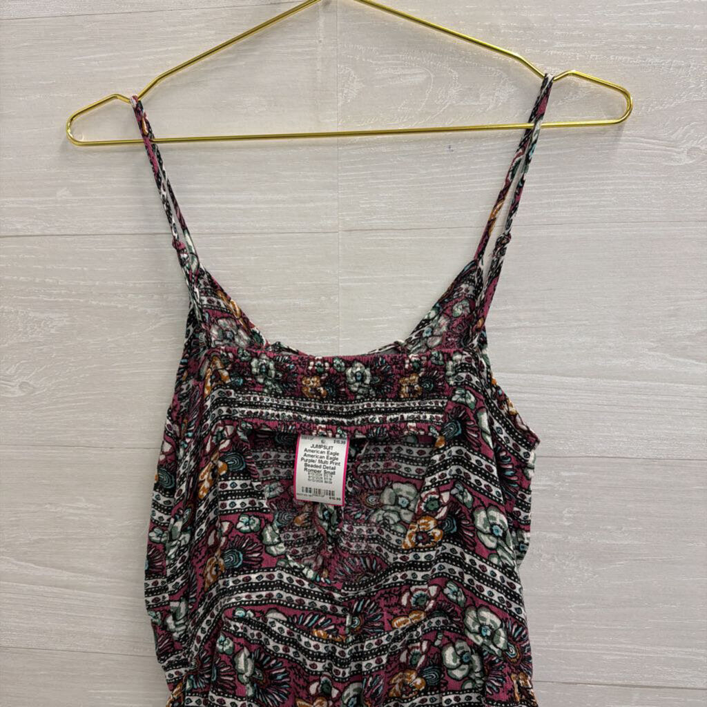 American Eagle Purple/ Multi Print Beaded Detail Romper Small
