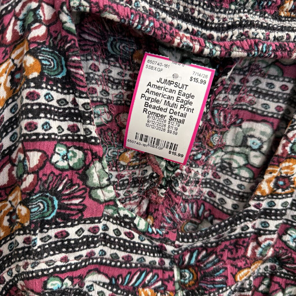 American Eagle Purple/ Multi Print Beaded Detail Romper Small