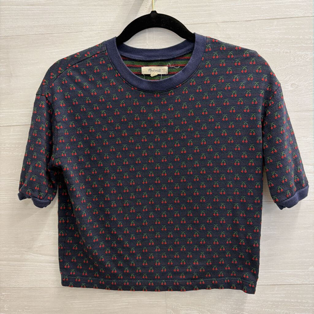 Madewell Navy/ Red Cherry Print Cropped Short Sleeve Top Extra Small