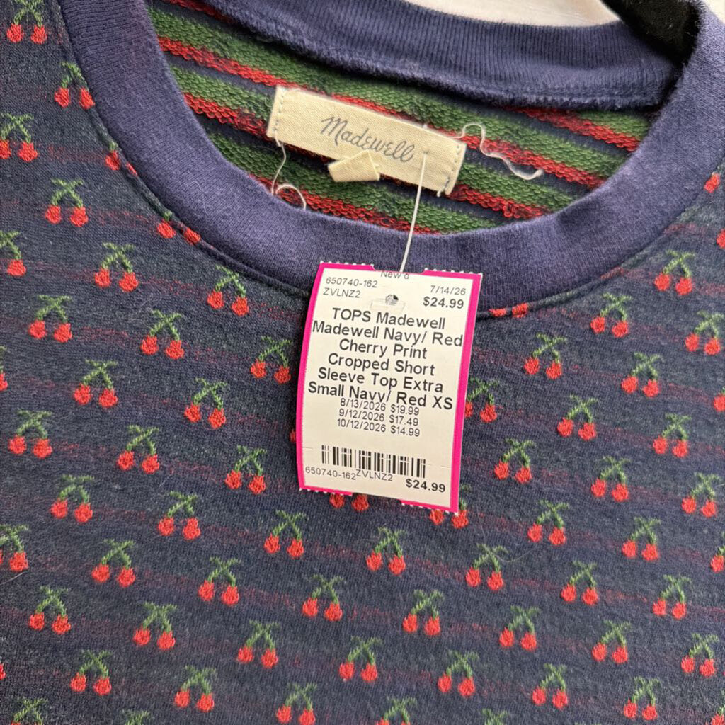 Madewell Navy/ Red Cherry Print Cropped Short Sleeve Top Extra Small