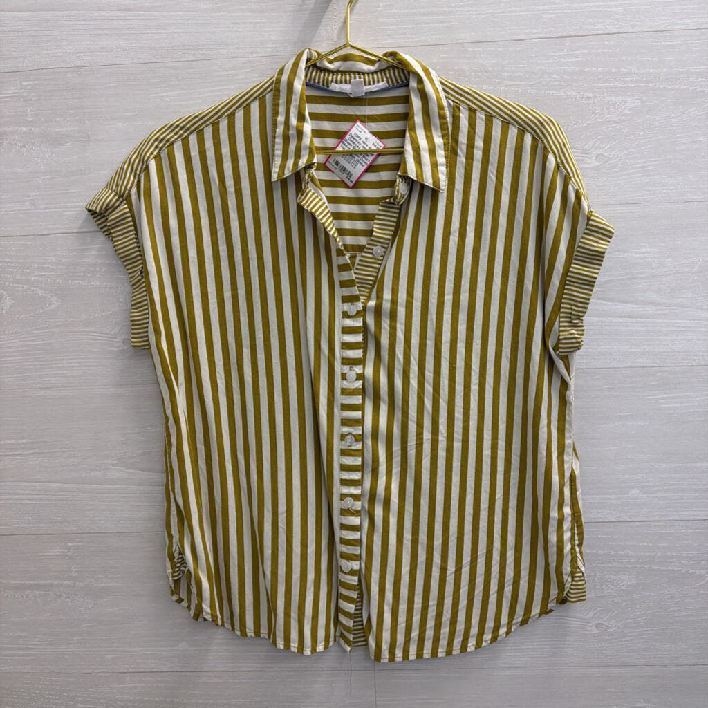 Jane and Delancey White/ Green Striped Short Sleeve Button Down Top Medium
