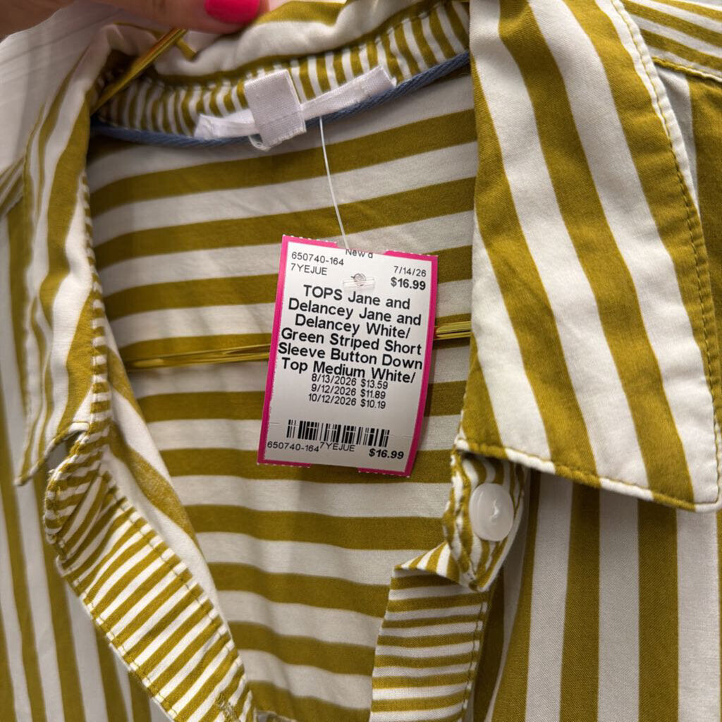 Jane and Delancey White/ Green Striped Short Sleeve Button Down Top Medium