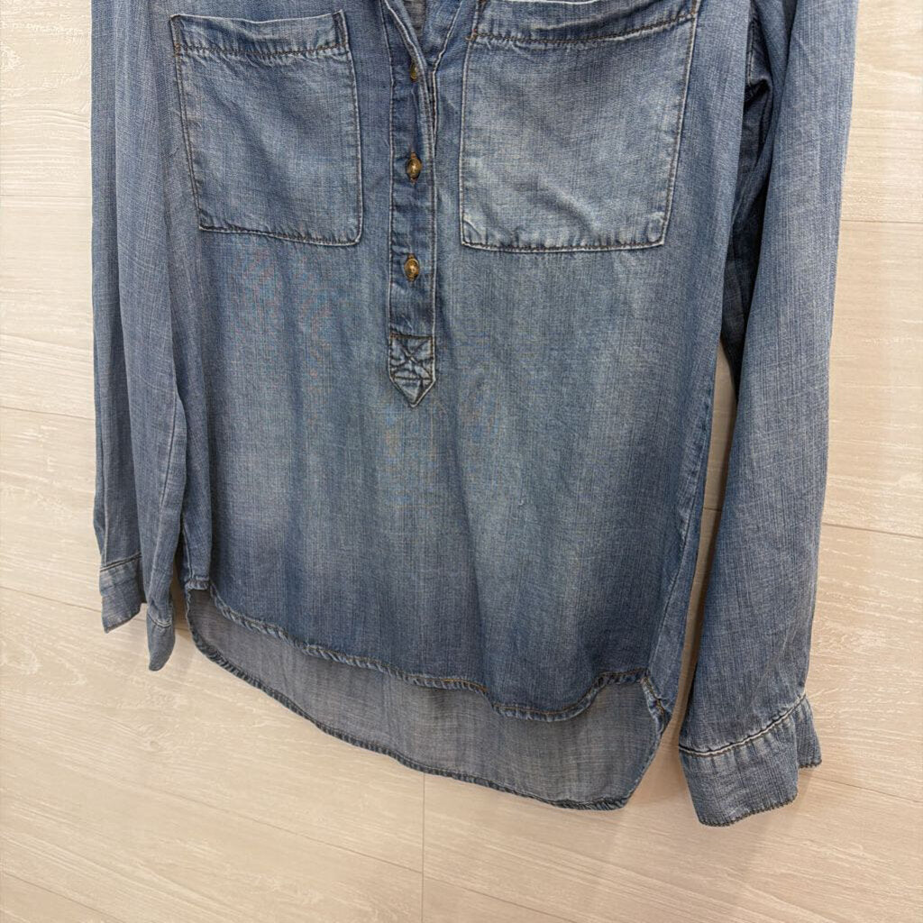 Bella Dahl Blue Chambray Half Button Down Long Sleeve Top Extra Small