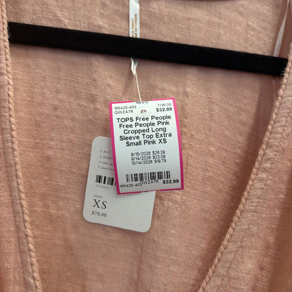 Free People Pink Cropped Long Sleeve Top Extra Small