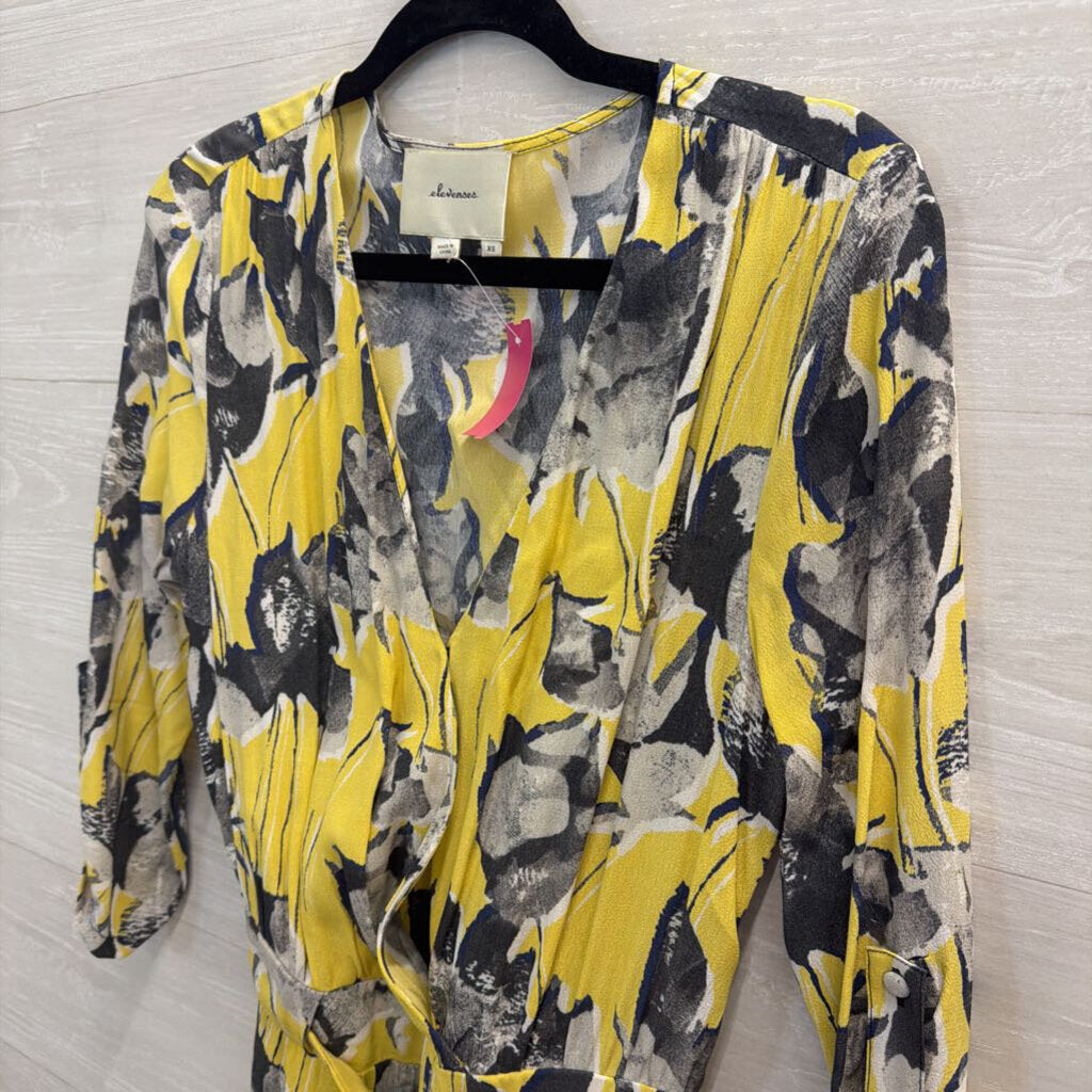 Elevenses Yellow/ Grey Print Long Sleeve Romper Extra Small