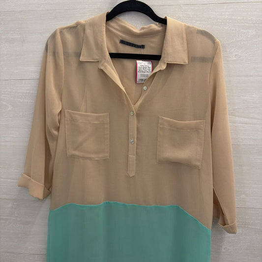 Velvet Beige/ Blue Color Block Long Sleeve Tunic Top Small