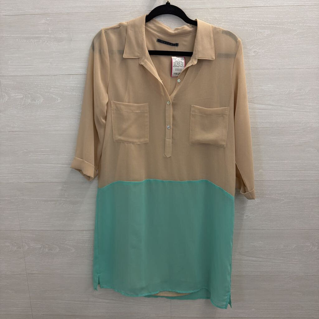 Velvet Beige/ Blue Color Block Long Sleeve Tunic Top Small