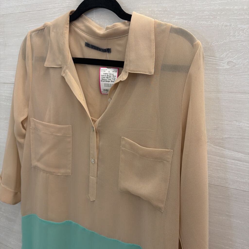 Velvet Beige/ Blue Color Block Long Sleeve Tunic Top Small