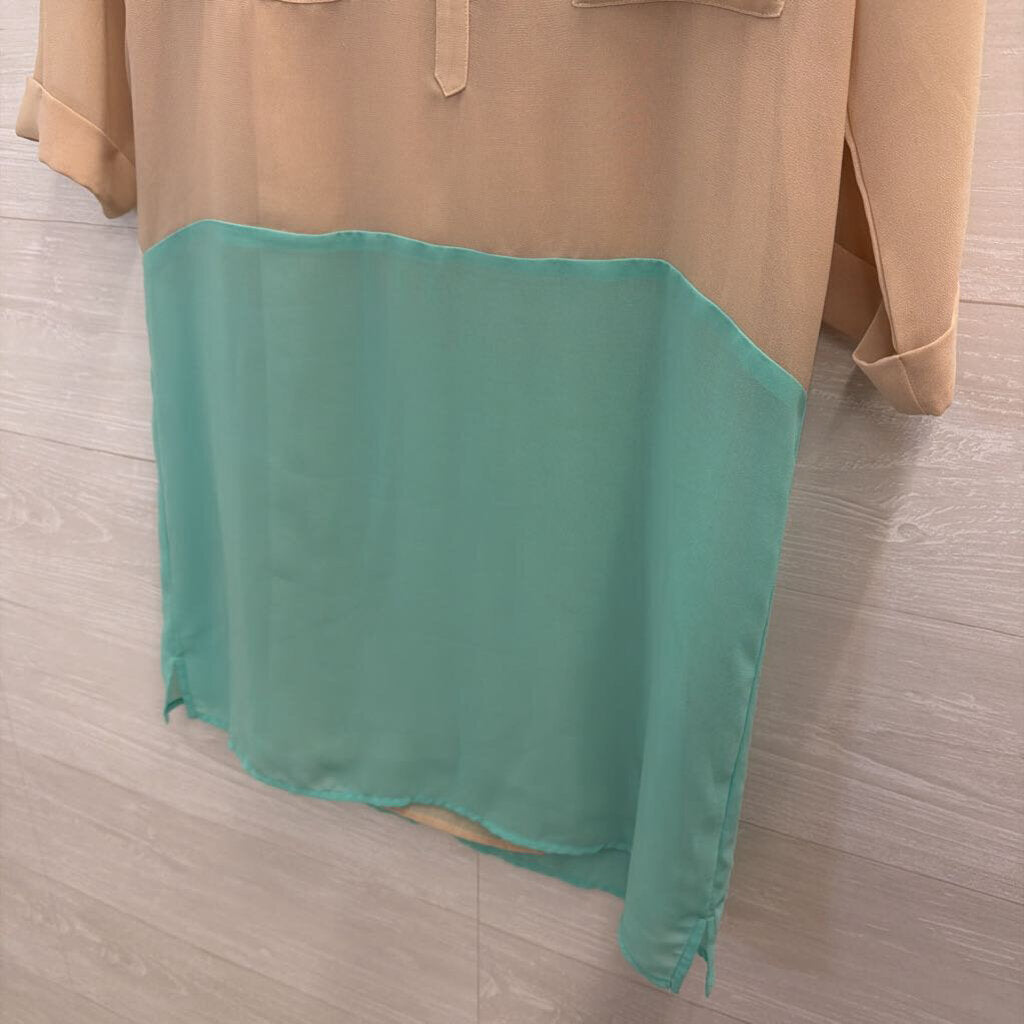 Velvet Beige/ Blue Color Block Long Sleeve Tunic Top Small
