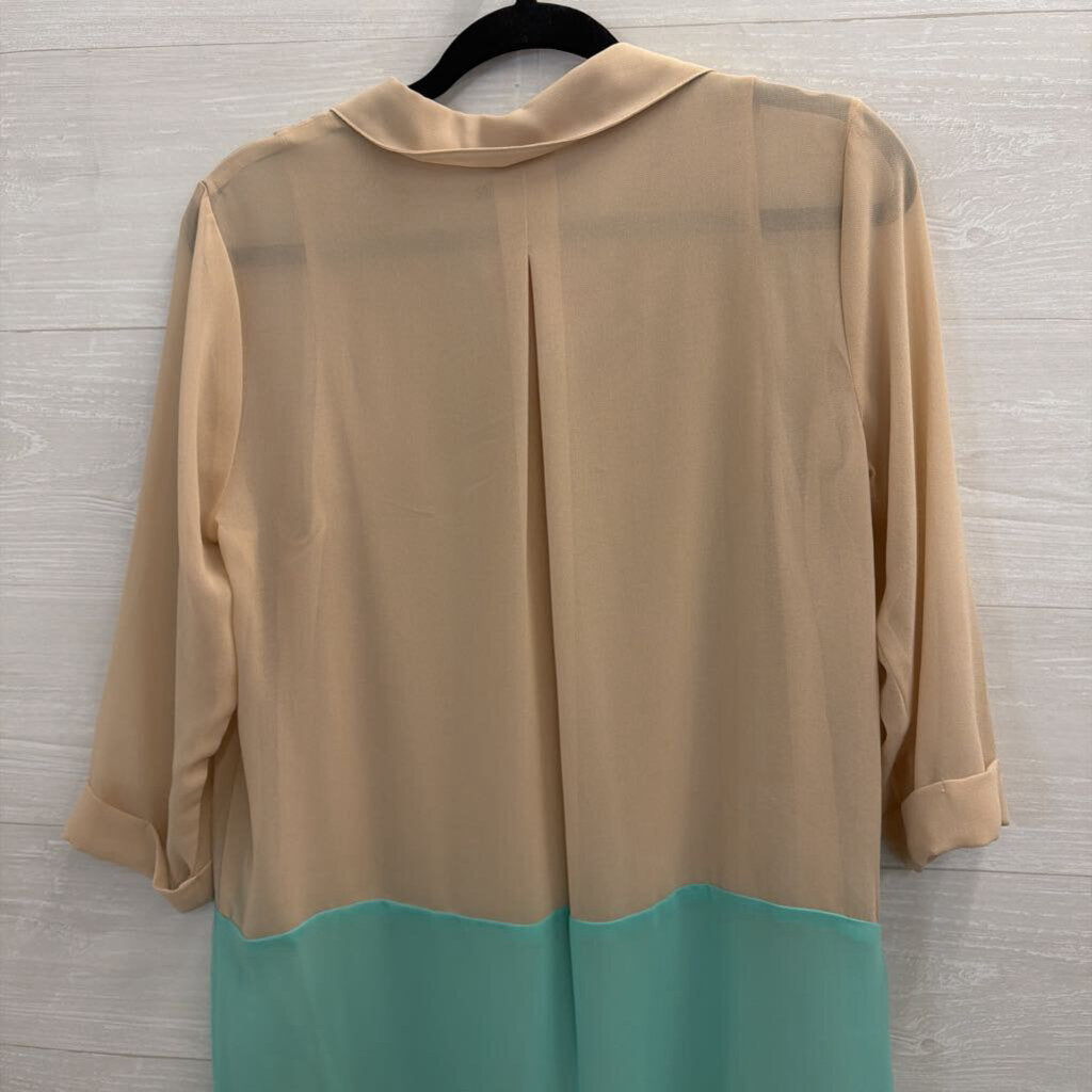 Velvet Beige/ Blue Color Block Long Sleeve Tunic Top Small
