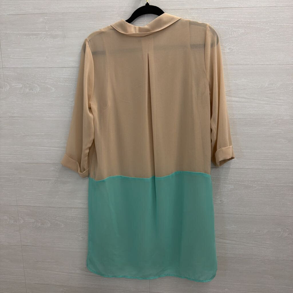 Velvet Beige/ Blue Color Block Long Sleeve Tunic Top Small