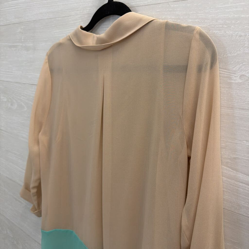Velvet Beige/ Blue Color Block Long Sleeve Tunic Top Small