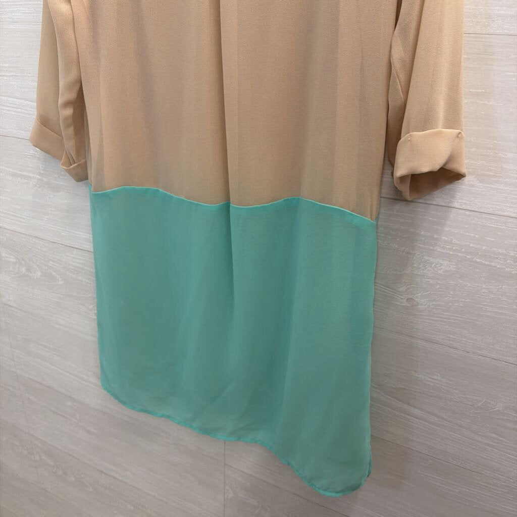 Velvet Beige/ Blue Color Block Long Sleeve Tunic Top Small