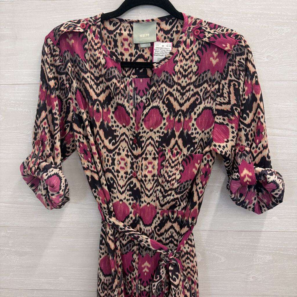 Maeve Purple/ Beige Print Long Sleeve Button Front Dress Small