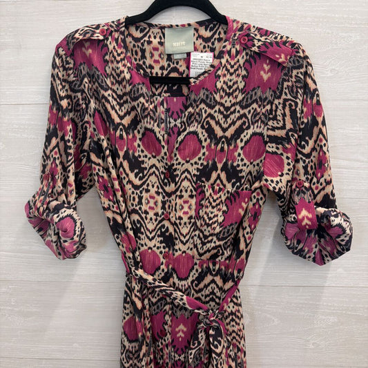 Maeve Purple/ Beige Print Long Sleeve Button Front Dress Small