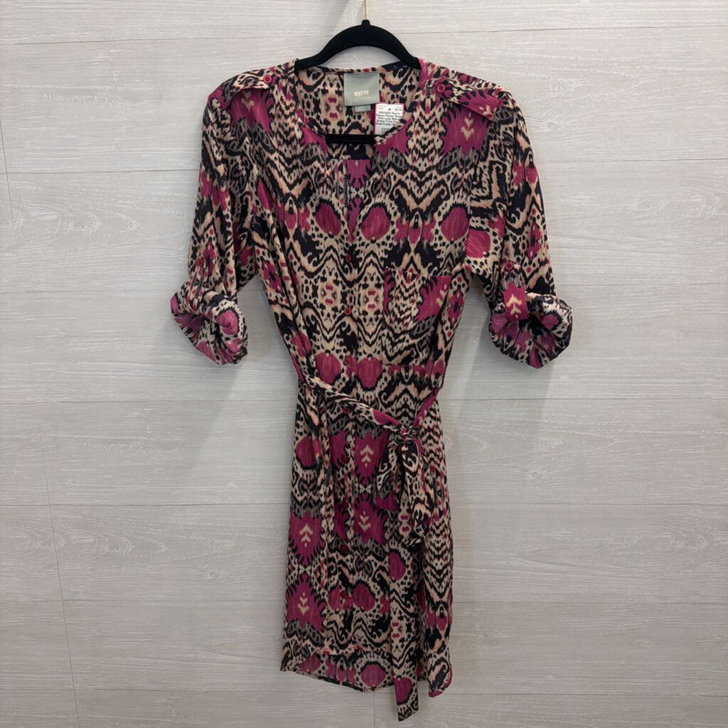 Maeve Purple/ Beige Print Long Sleeve Button Front Dress Small