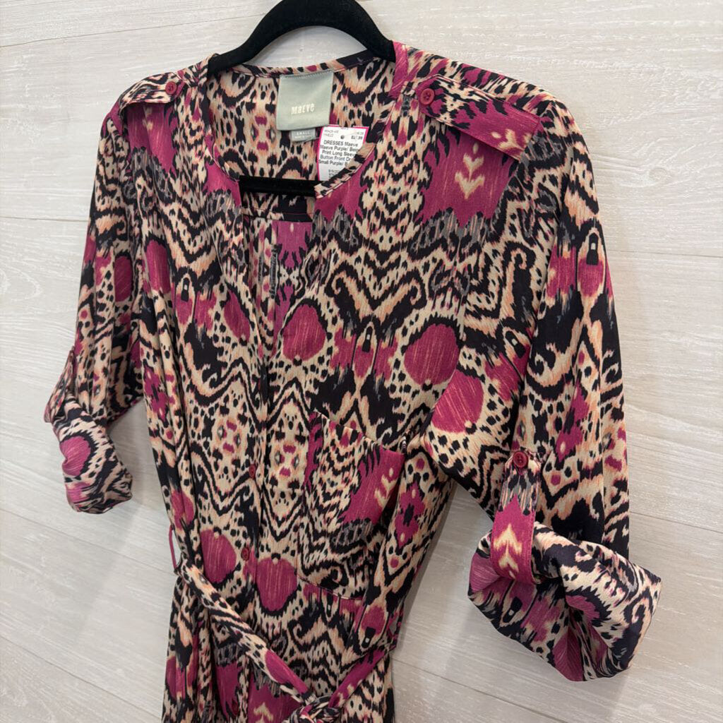 Maeve Purple/ Beige Print Long Sleeve Button Front Dress Small