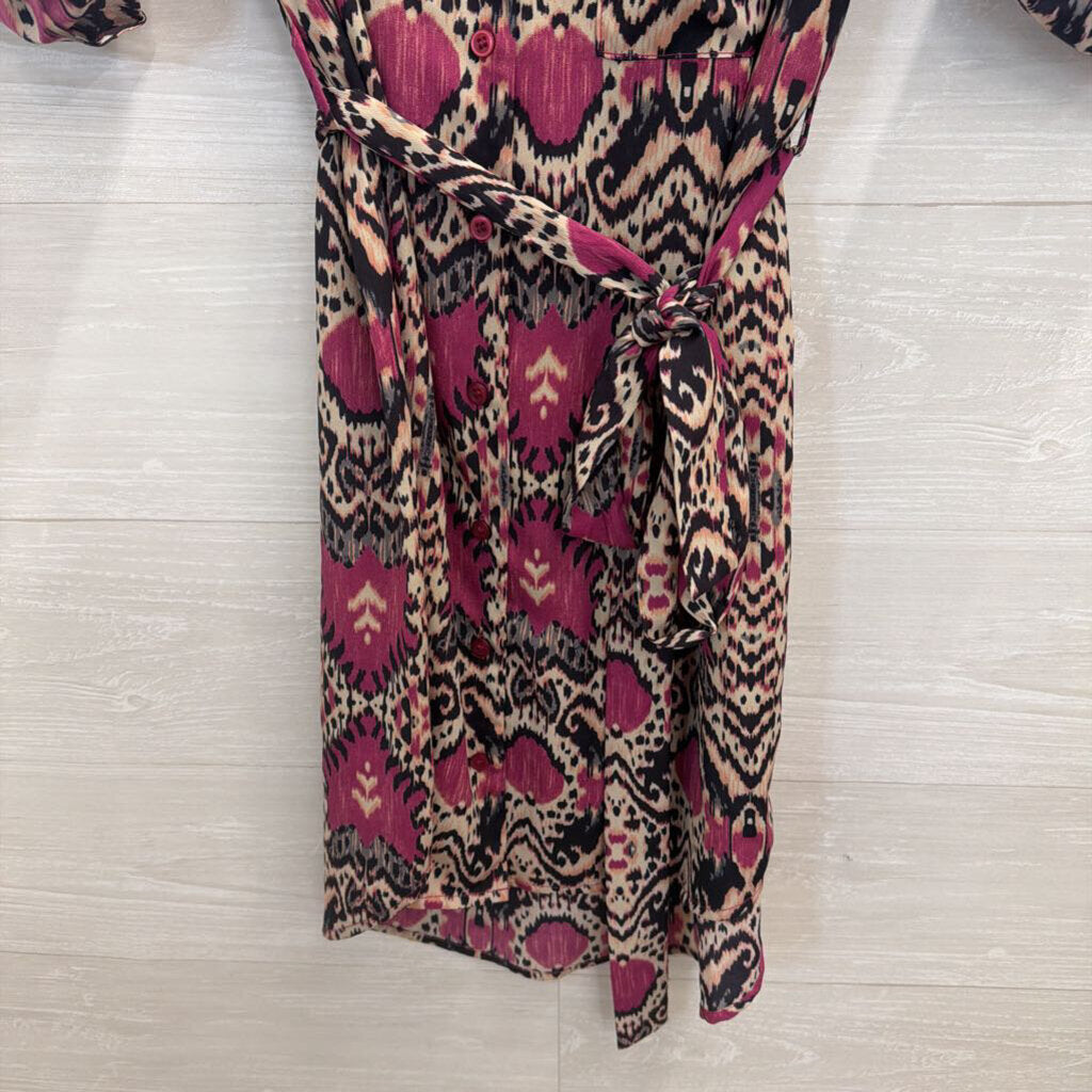 Maeve Purple/ Beige Print Long Sleeve Button Front Dress Small