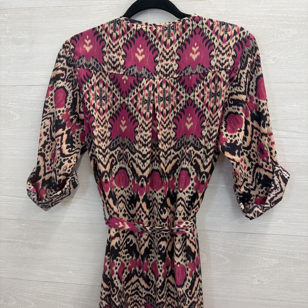 Maeve Purple/ Beige Print Long Sleeve Button Front Dress Small