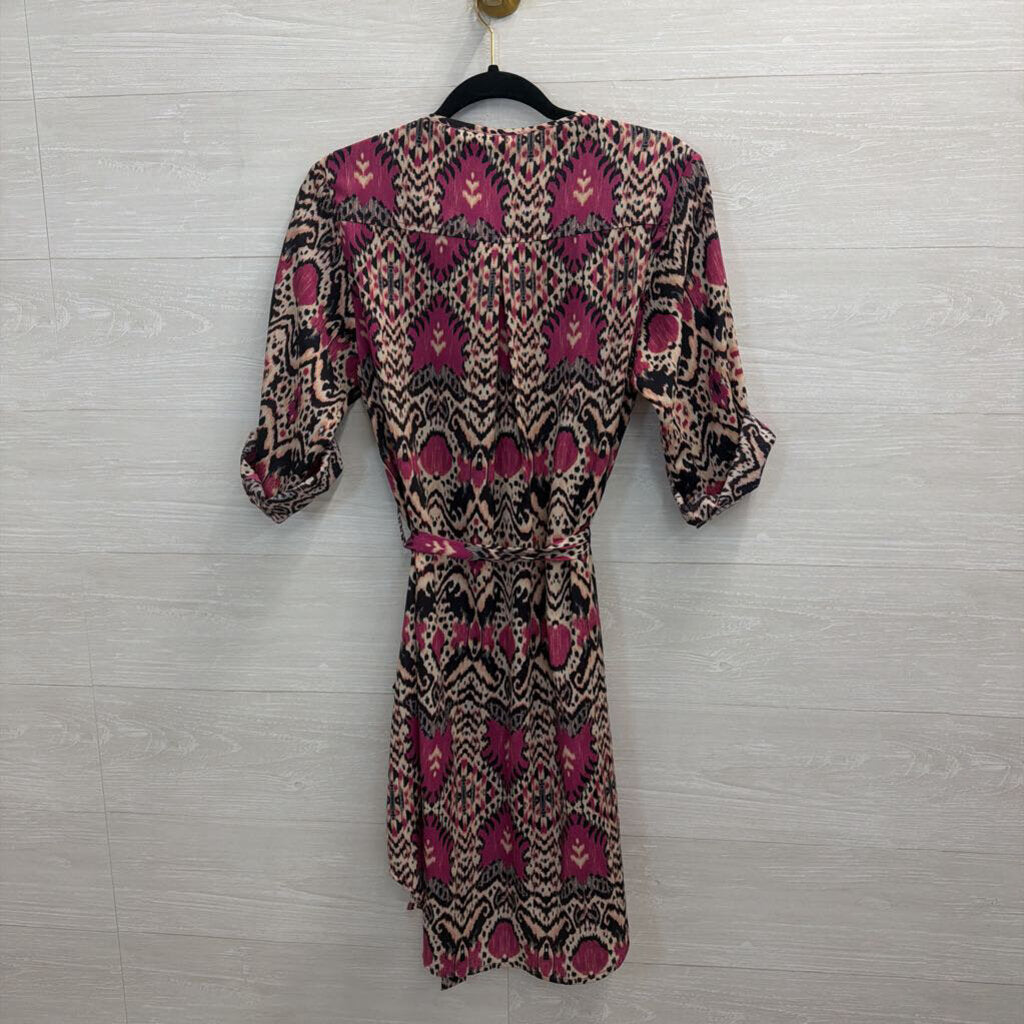 Maeve Purple/ Beige Print Long Sleeve Button Front Dress Small