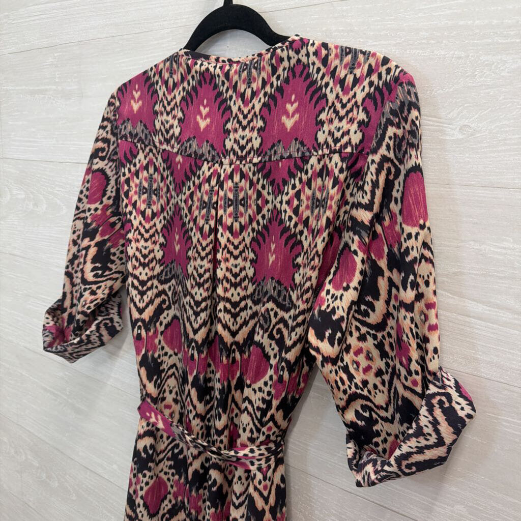 Maeve Purple/ Beige Print Long Sleeve Button Front Dress Small