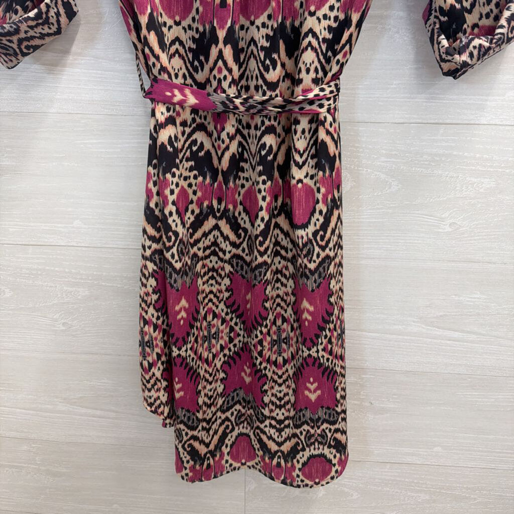 Maeve Purple/ Beige Print Long Sleeve Button Front Dress Small