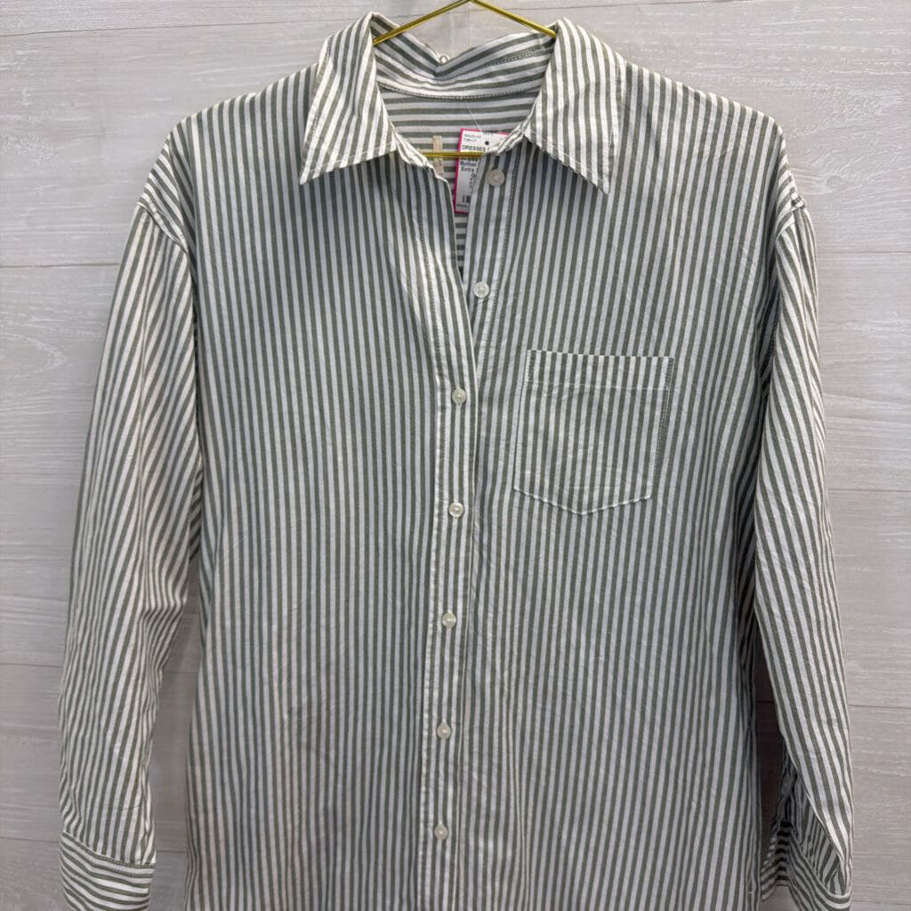 White/ Green Striped Long Sleeve Button Down Dress Extra Small